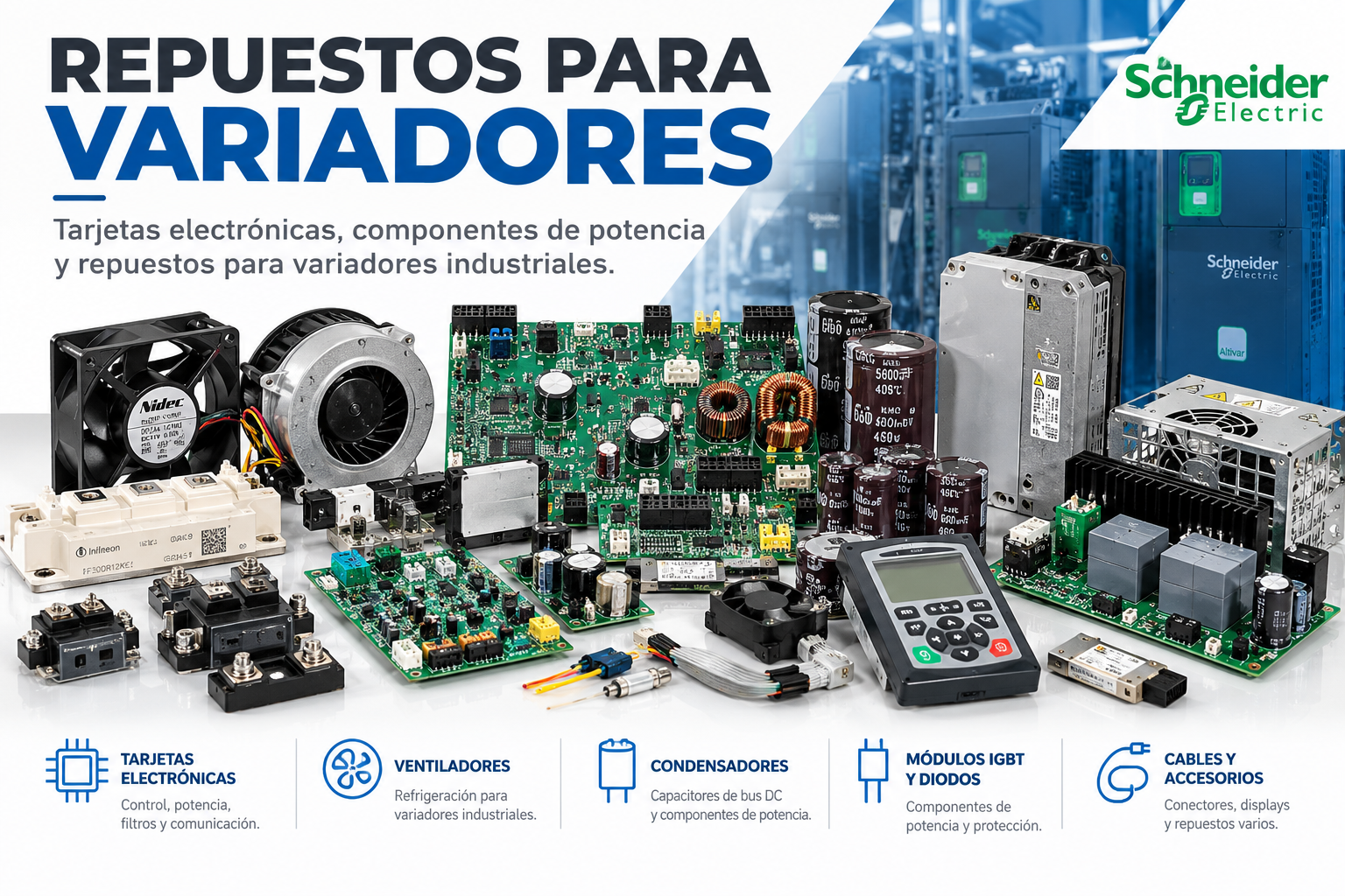 Repuestos para variadores: tarjetas electrónicas, ventiladores, condensadores y módulos de potencia